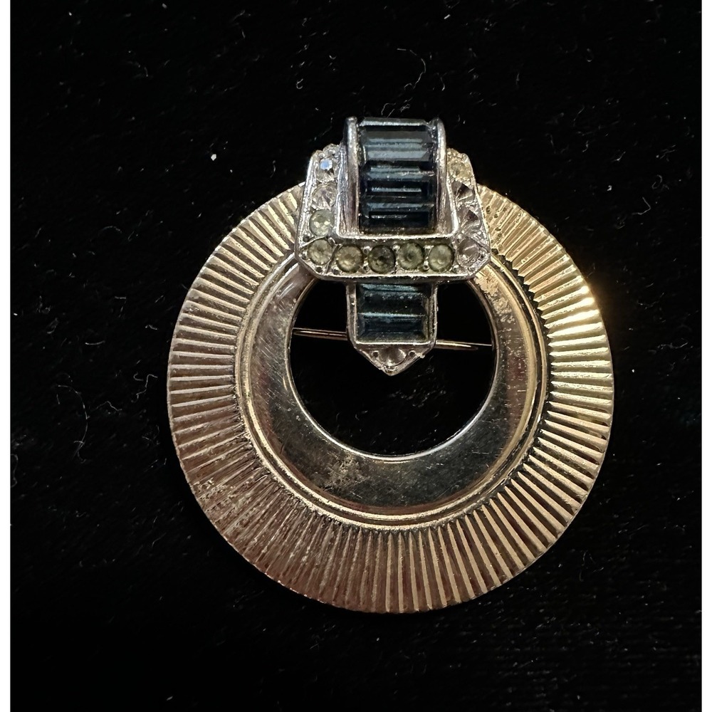 Boucher Circle Pin W/ Buckle Blue Rhinestones